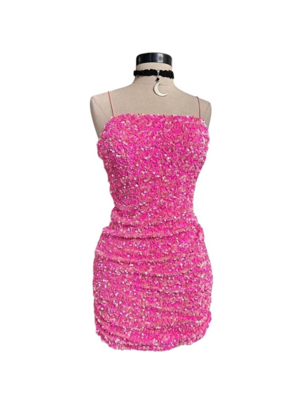 Pink Sequin Bodycon Mini Dress Spaghetti Strap SMALL Homecoming Formal Party